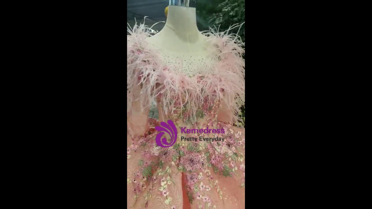 kemedress Orange Pink Tulle Long Sleeve Embroidery Appliques Wedding Dress With Feather