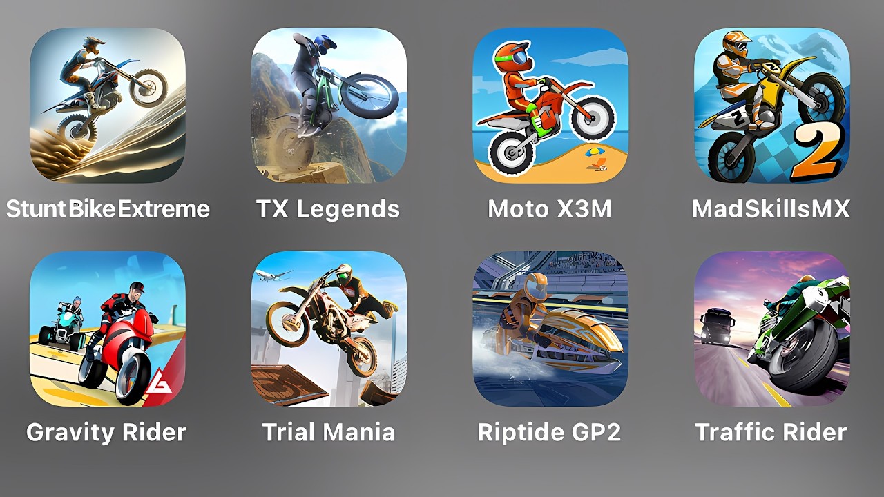 Stunt Bike Extreme, TX Legends, Moto X3M, Mad Skills MX, Gravity Rider, Trial Mania, Riptide GP2,