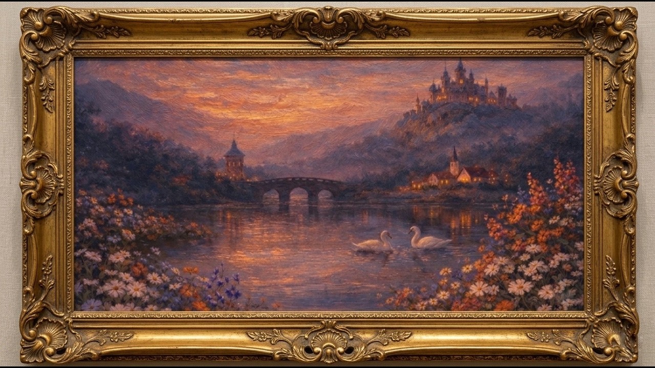 Framed Landscape Oil Painting 4K – Peaceful Swan Lake Art Screensaver