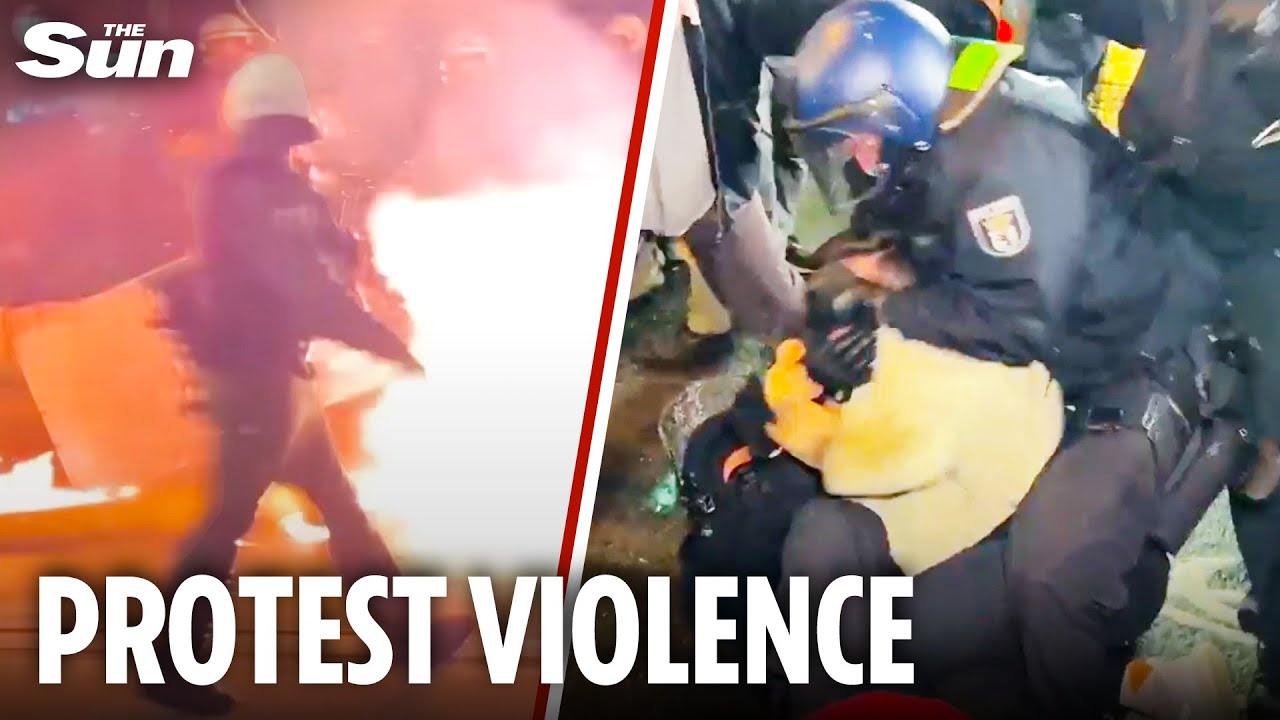 Moment German police PUNCH and tackle protestors as pro-Palestinian demonstrations turn violent