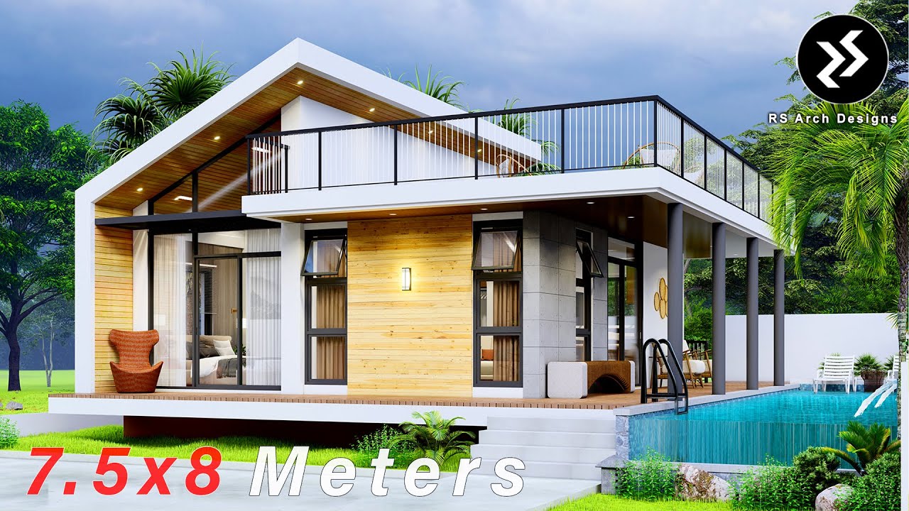 Elevated Small House Design with Roof deck and POOL | 2 Bedrooms | 7.5x8 meters