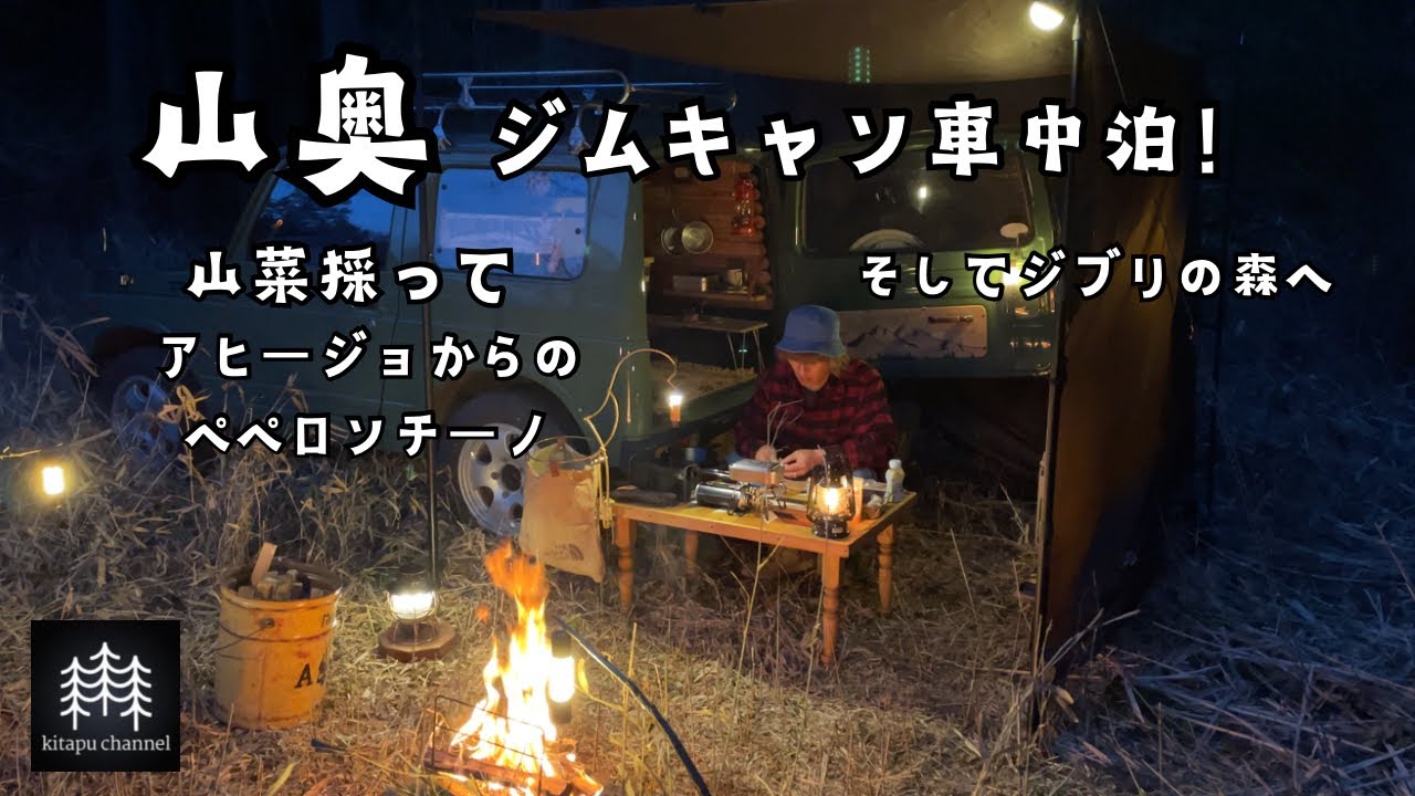 山奥【ジムキャン車中泊！】山菜採ってアヒージョからのペペロンチーノ