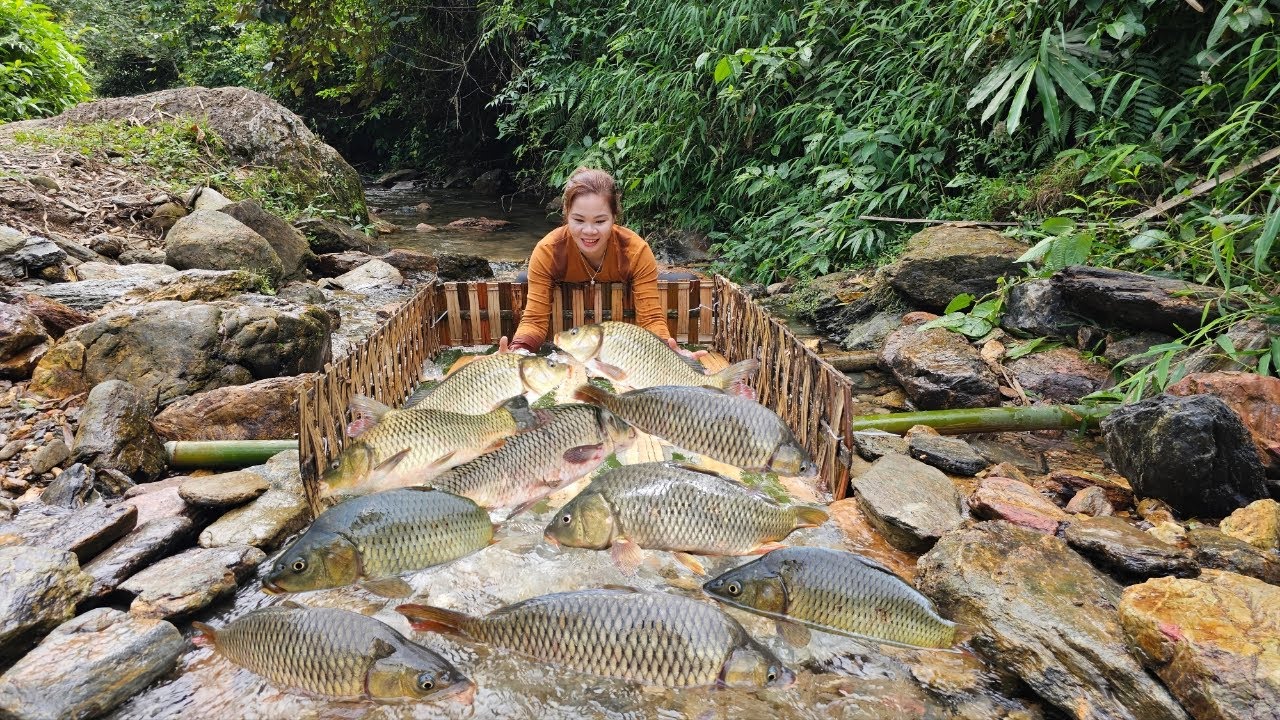The girl designed a fish trap from bamboo herself and caught a lot of fish in the stream.