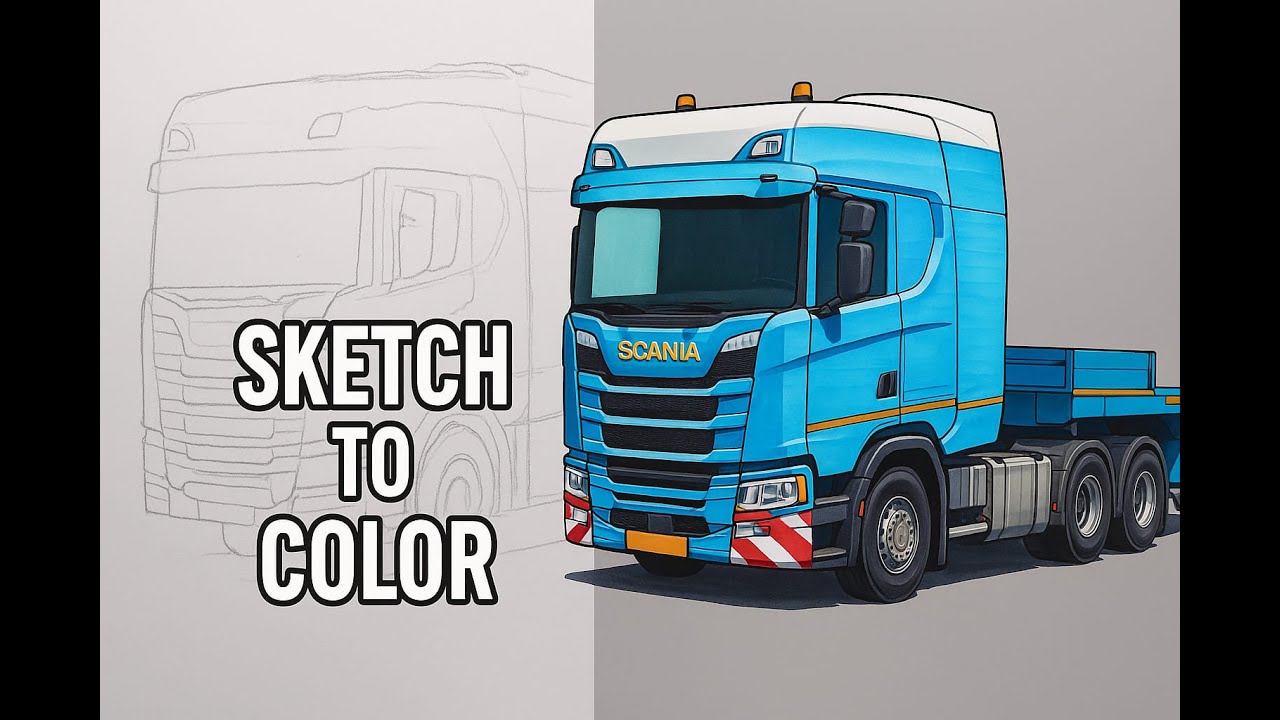 Scania Truck Drawing Sketch to Color Transformation  Realistic Marker Illustration