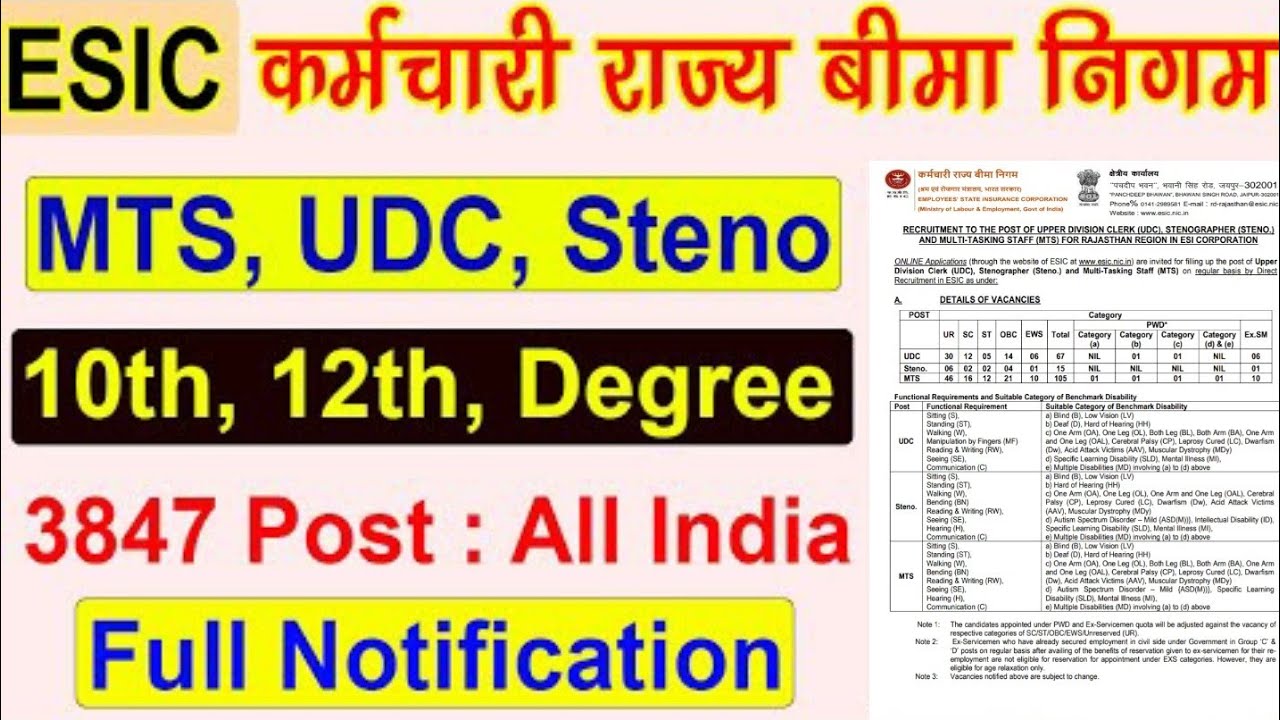 ESIC RECRUITMENT 2021 | ESIC Vacancy | UDC, Stenographer, MTC bharti | 10th pass vacancy | M/F apply