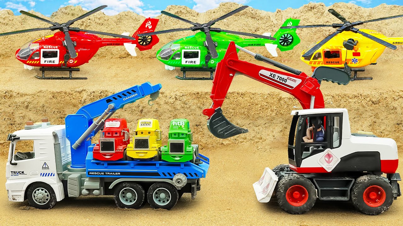 Excavator, Crane Truck, and Rescue Helicopters | Fun Toy Car Story