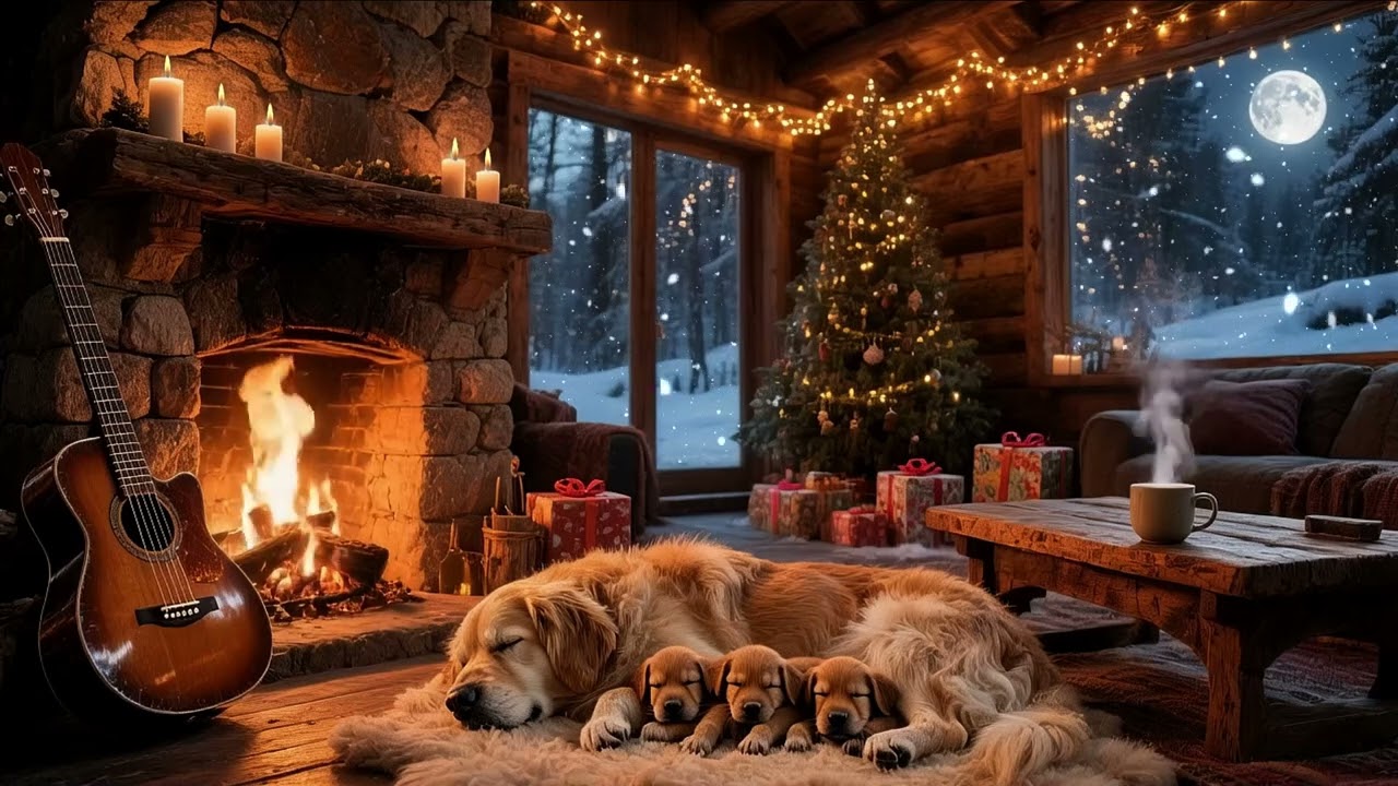 Cute Puppies in Winter Cabin 🔥 Warm Fireplace, Soft Snow & Relaxing Piano for Peace