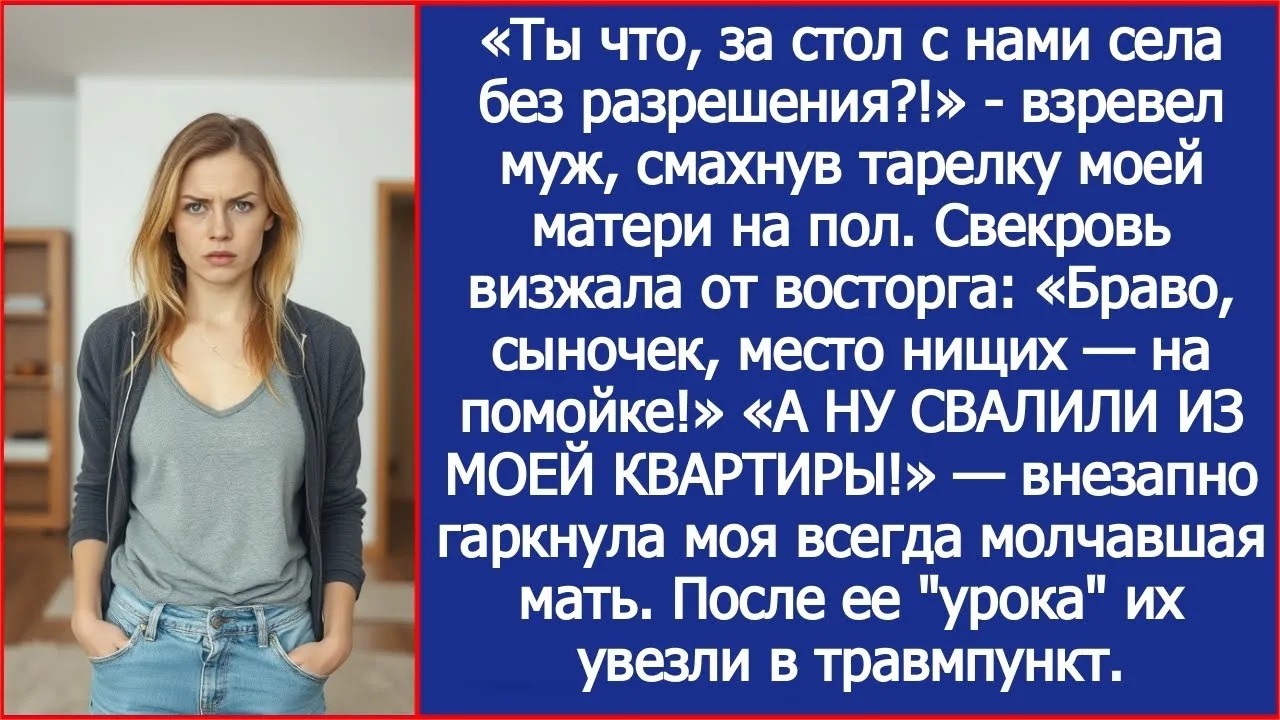 «Ты что, за стол с нами села без разрешения!»   взревел муж, смахнув тарелку моей матери на пол