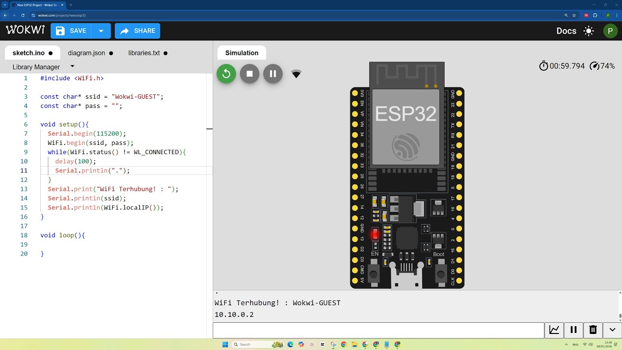Connect WiFi atau Menghubungkan WiFi IoT ESP32 UNTUK PEMULA - BASIC di Simulator WOKWI #wokwi #iot