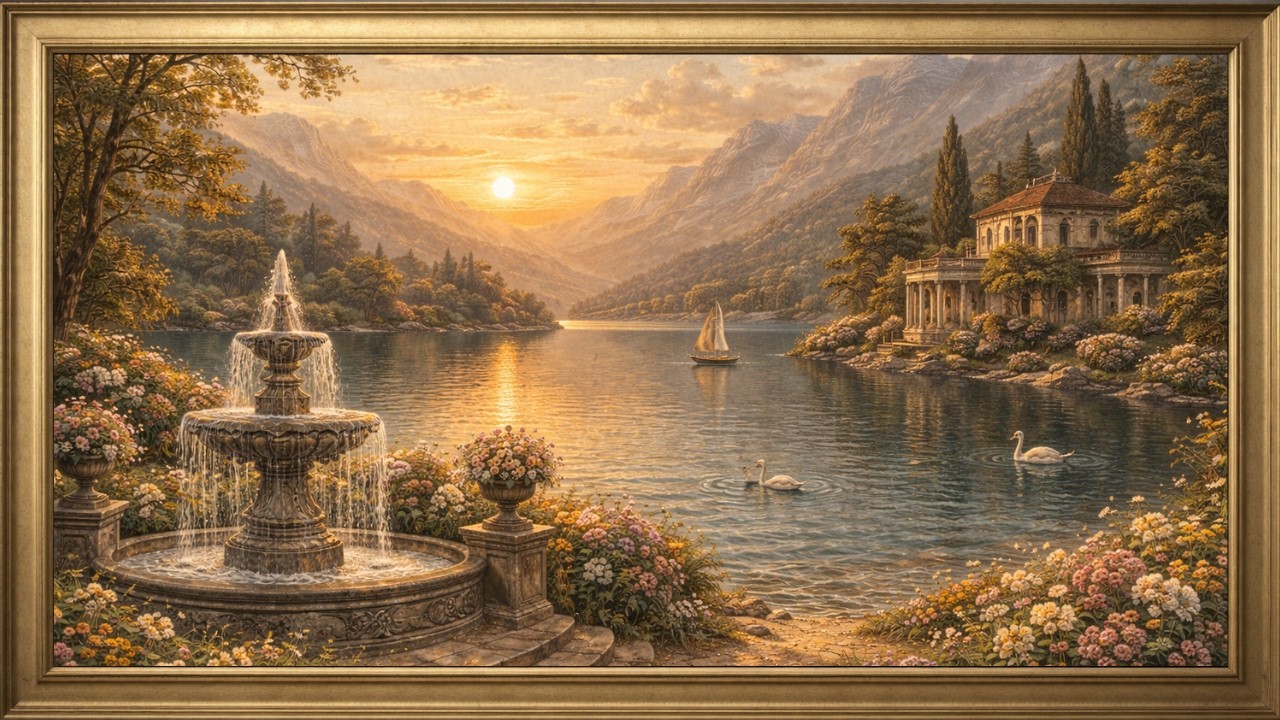 Romantic Sunset Fountain Estate - 3 Hour TV Frame Art - 4K Vintage European Landscape