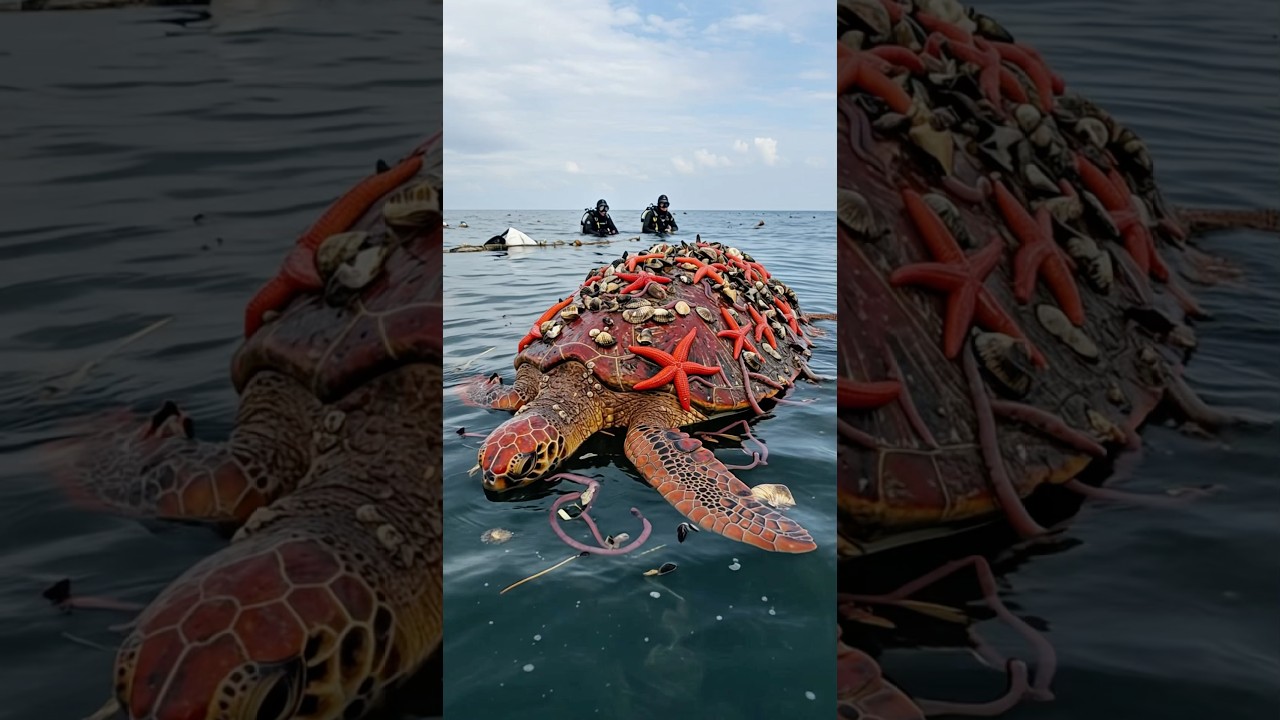 Rescuing a rare red turtle from barnacles and starfish