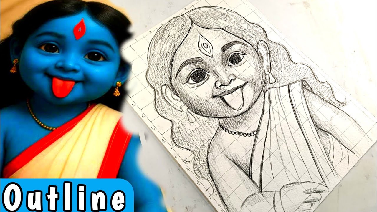 Cute Kali Maa Drawing ll Outline Drawing of Kali Maa ll Maa Kali Drawing, Outline Drawing tutorial 