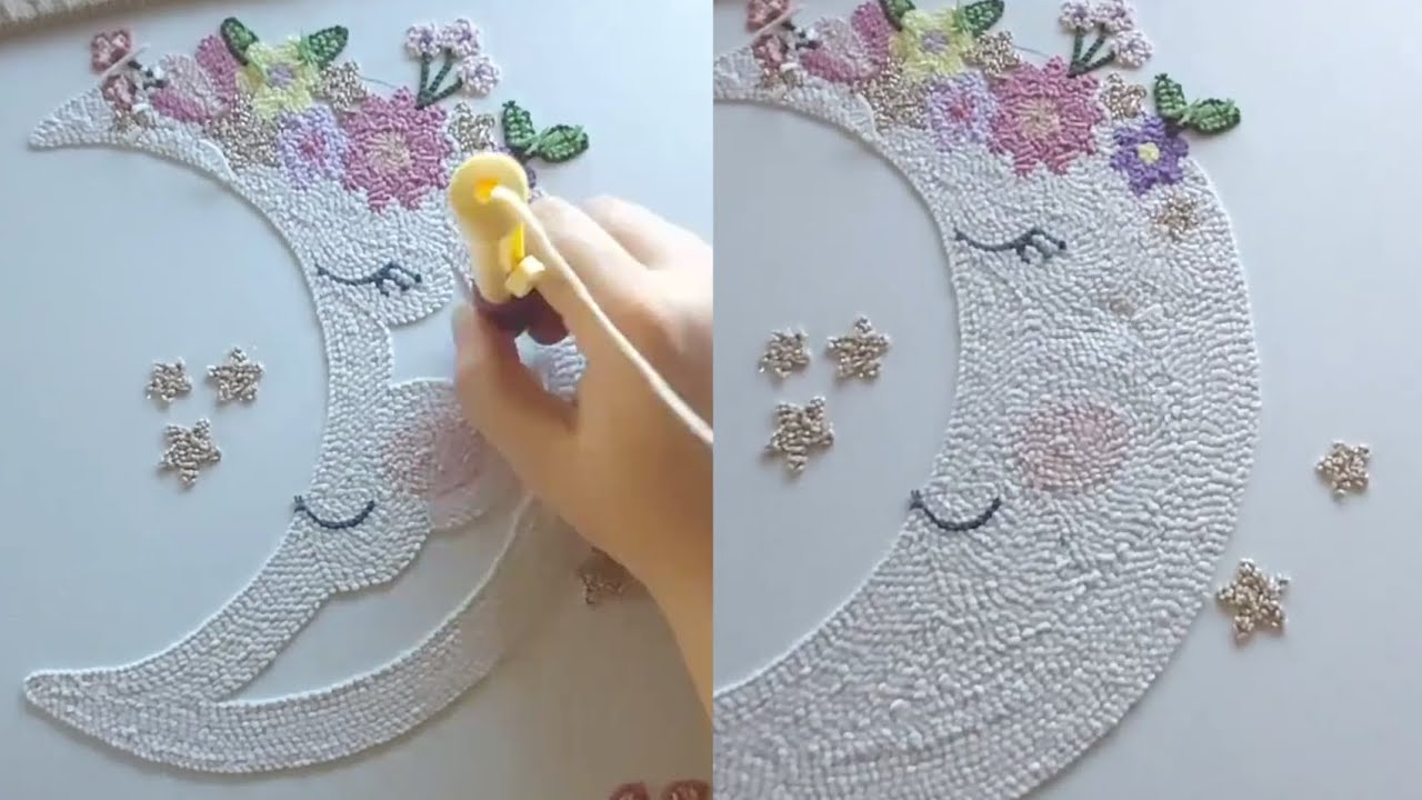Punch needle moon and flower cushion embroidery @embroidery's work