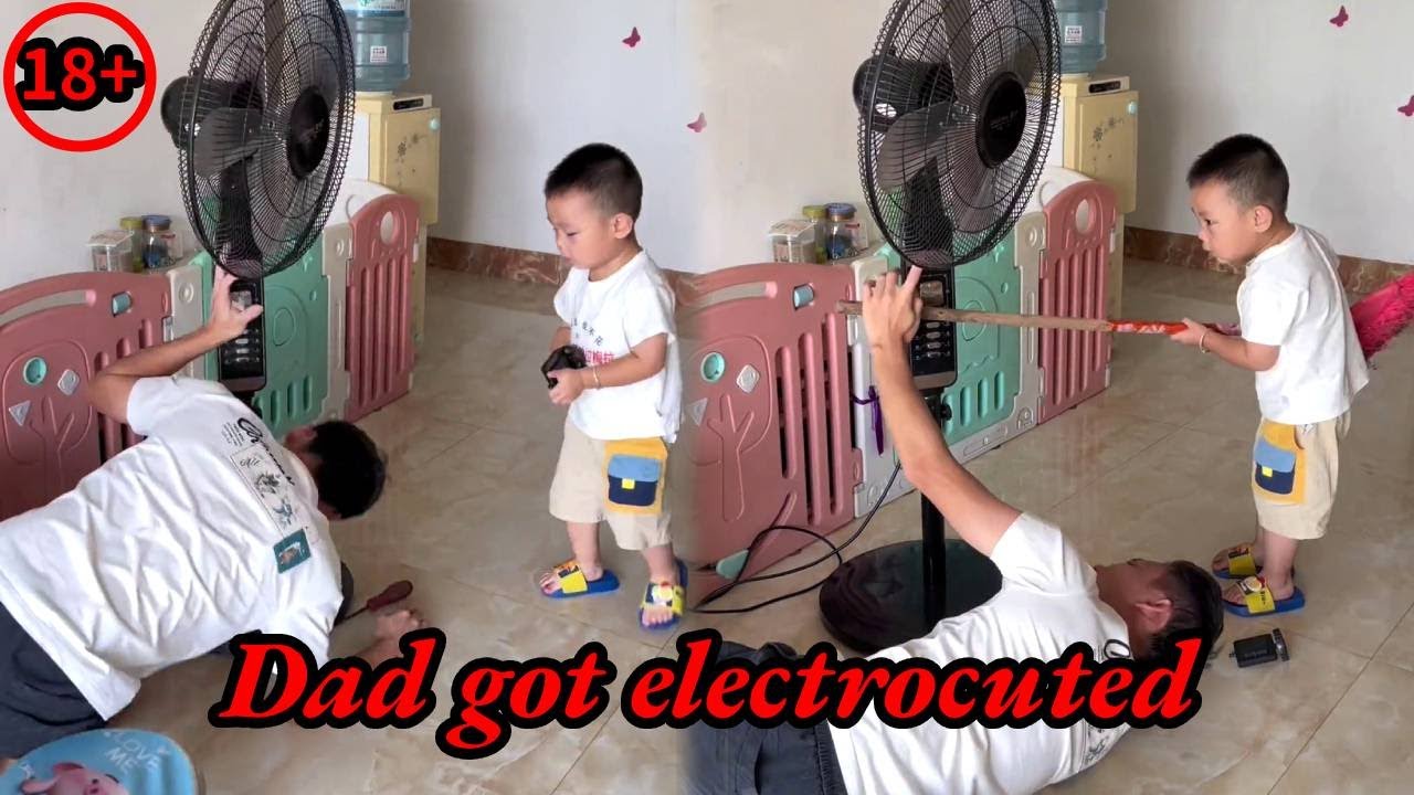 The father was electrocuted and knocked unconscious; the son saved him with a wooden stick.