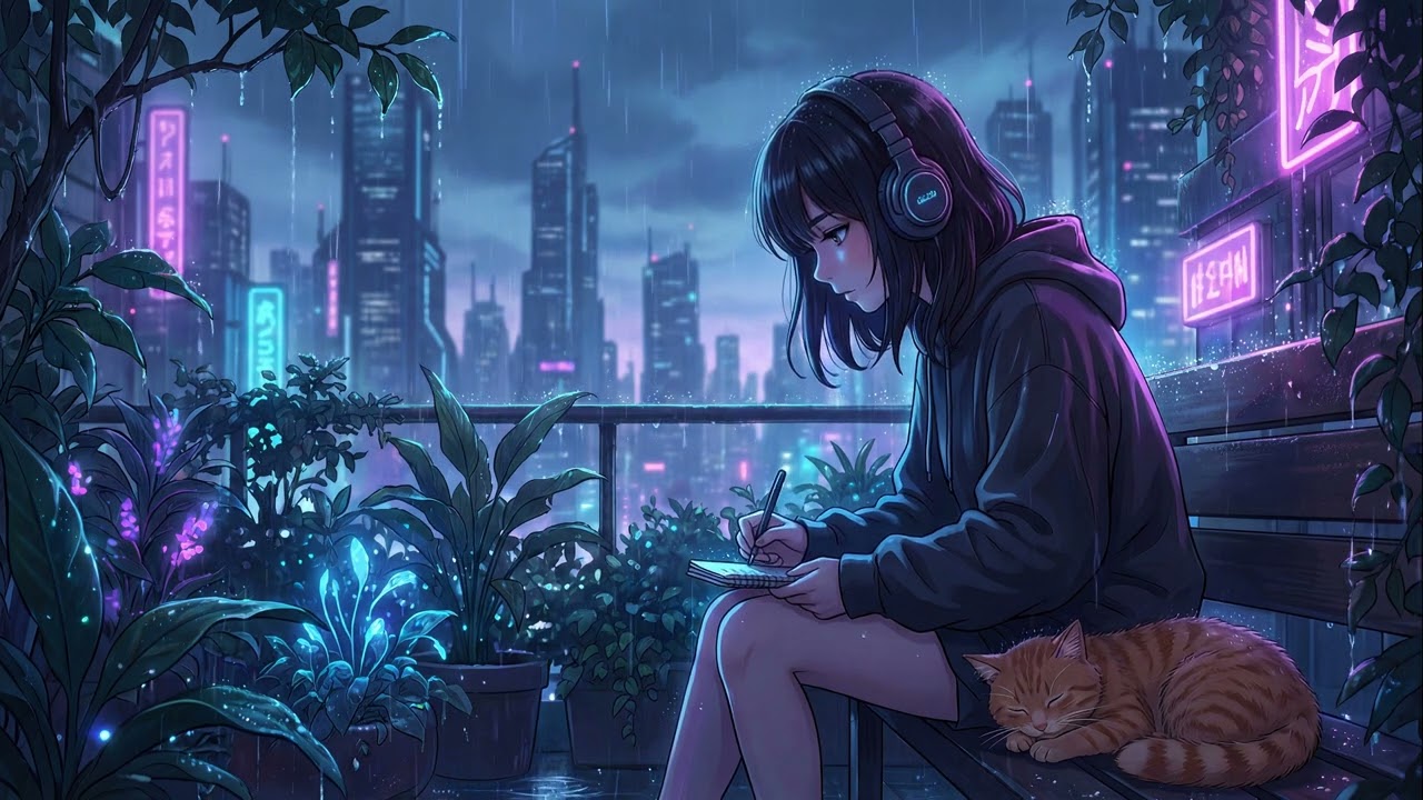 Cozy Cyberpunk Vibes 🌧️🌃 | Rainy Night Study Session in Neon Rooftop Garden ✍️✨