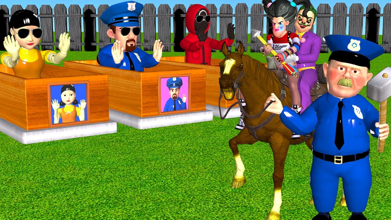 Squid Game vs Scary Teacher 3D Hello NeighborJoker and Miss T Harley Quinn Troll 2 Police in Garden