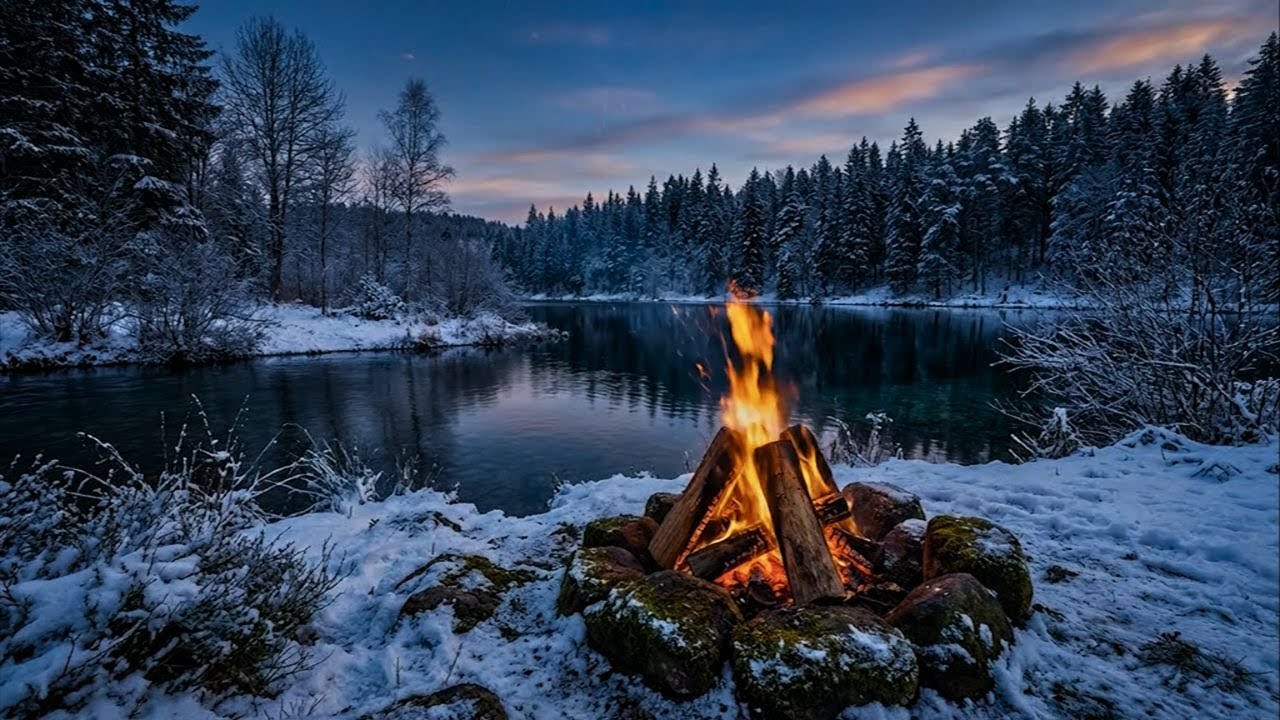 A Tranquil Winter Campfire by The Lake - The Relaxing Sounds of Fire & Gentle Flowing Water