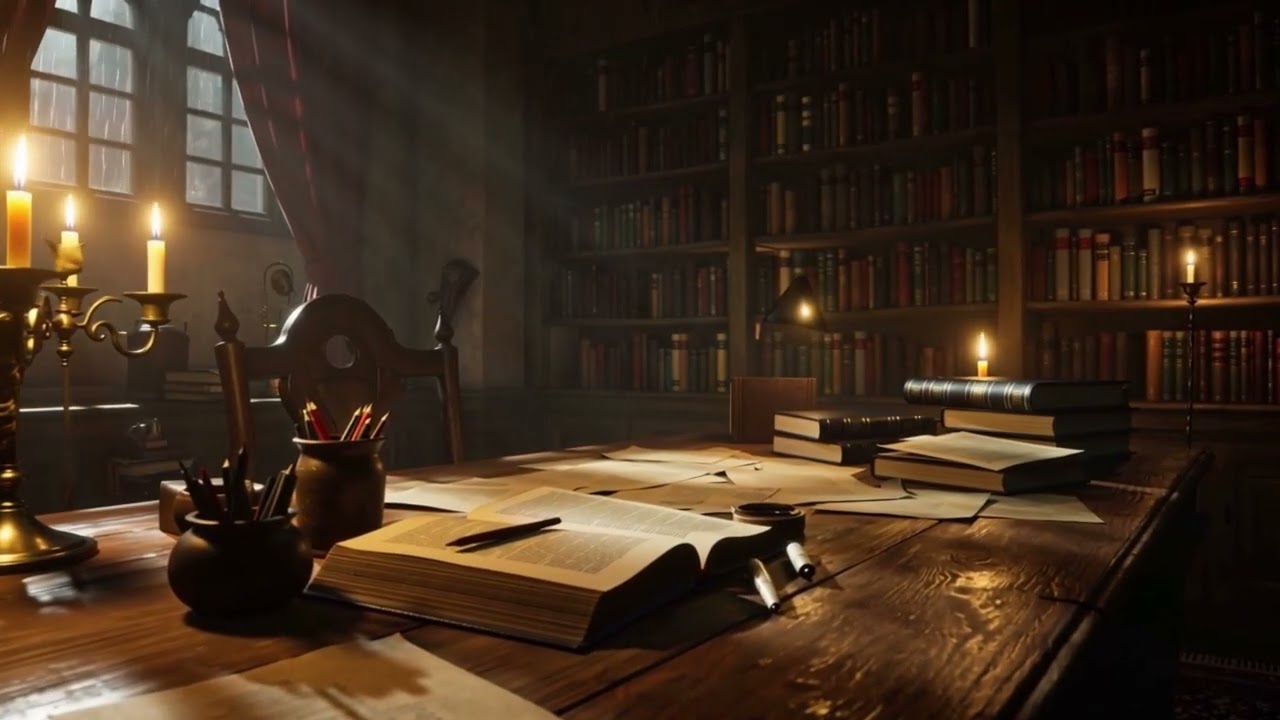 Medieval Castle Library Ambience | Slow Piano Music, Rain & Cozy Night Atmosphere (3 Hours)