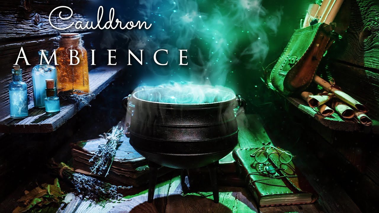 Witch's Cauldron Halloween Ambience 🔮🌛 Bubbling Sounds, Stirring, Crackling, Witch laughs