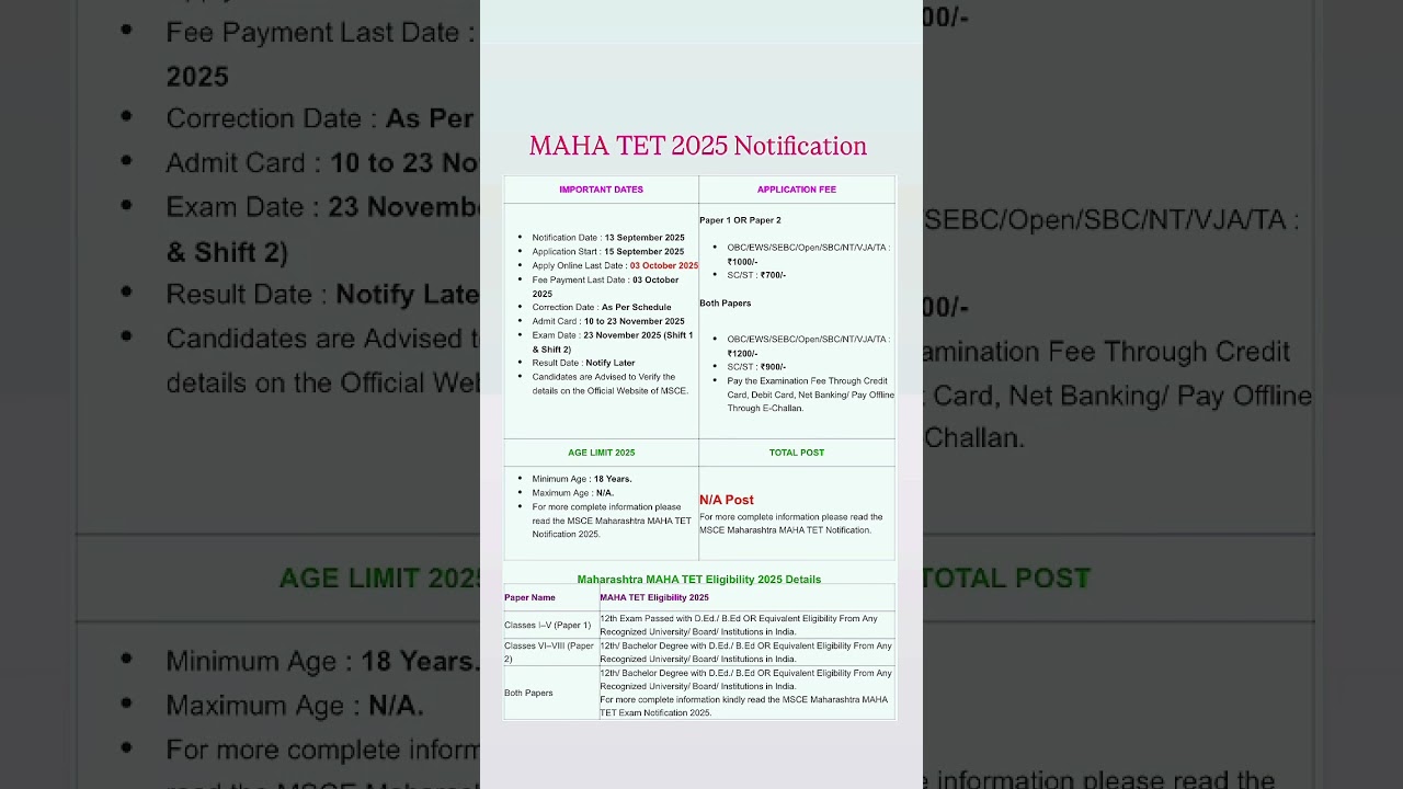 Maha tet 2025 notification/maha tet form fill up 2025/maha tet 2025