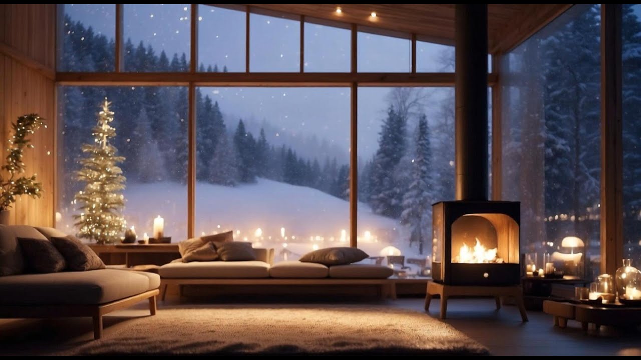 Cozy Glass Cabin with Fireplace | Snowfall & Warm Winter Ambience