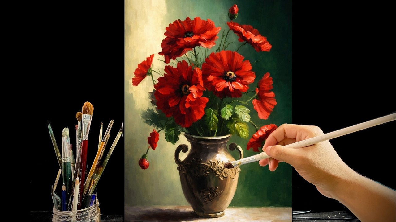 🎨 Painting Red Poppy Flowers in a Vintage Vase | Relaxing Acrylic Still Life Tutorial | #180