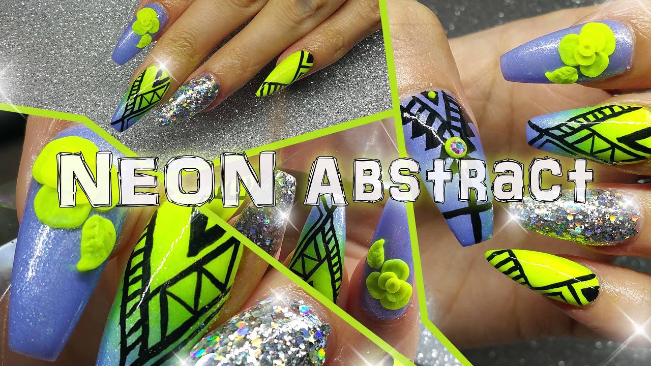 Ombre Neon yellow and Periwinkle blue abstract Nail Design
