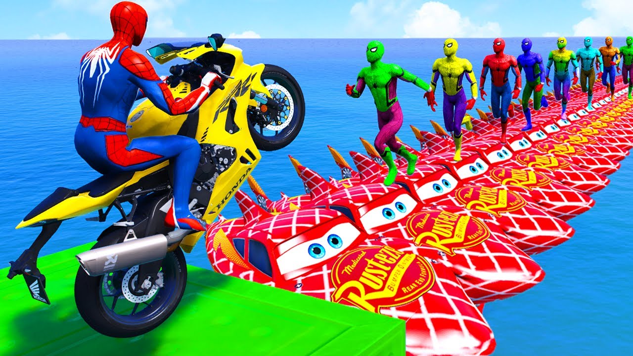 الأبطال الخارقين على القضبان دوامة قمع جسر 🏍️🐱‍SPIDER MAN!on Motorcycle in Spiral Bridge Stunt Rid 2