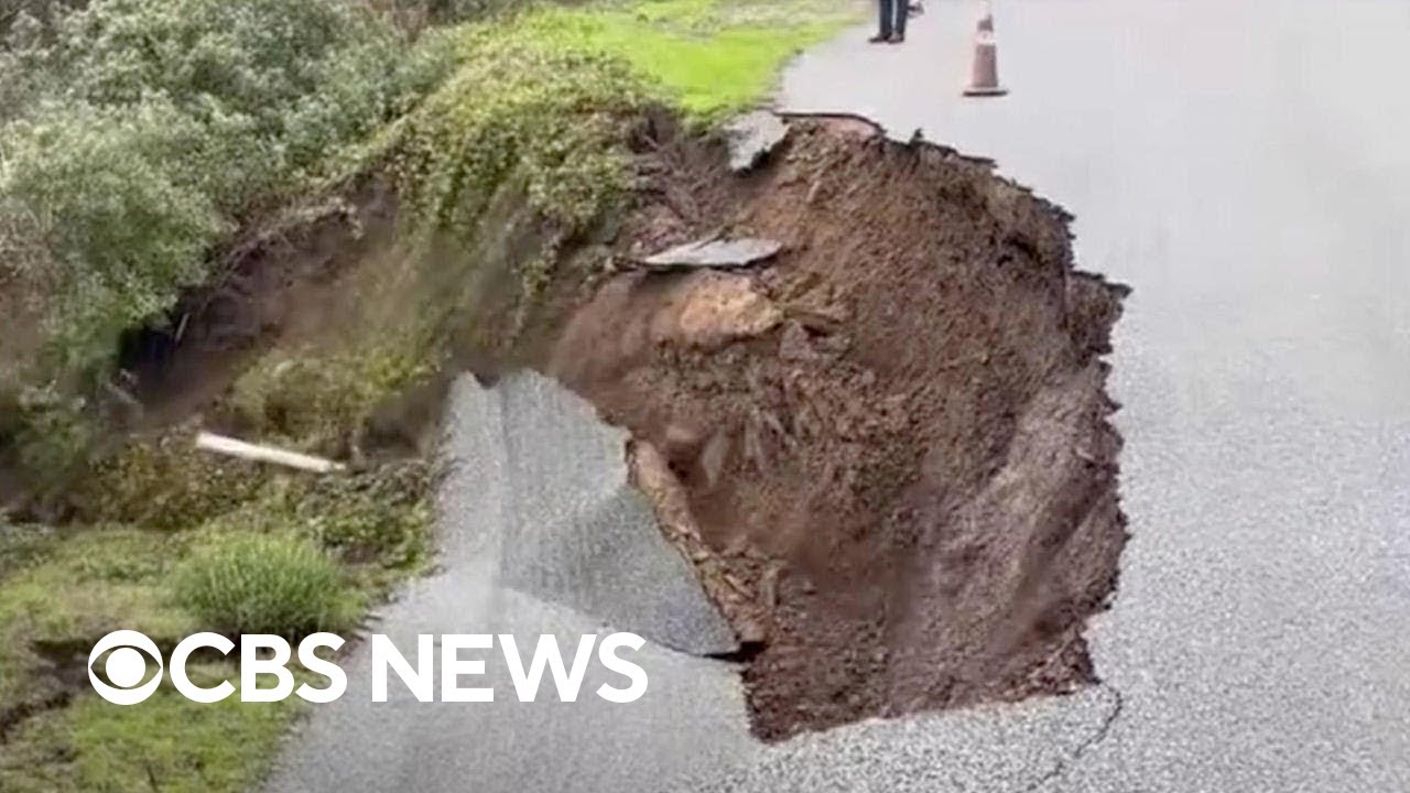 Part of California road collapses following intense storms, flooding