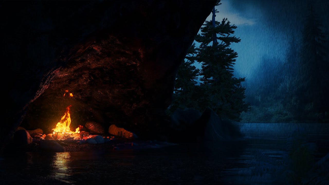 ⛈️Rainy Night in a Cave - Hidden Cave at Night with Rain, Thunder, and Bonfire Sounds for Deep Sleep
