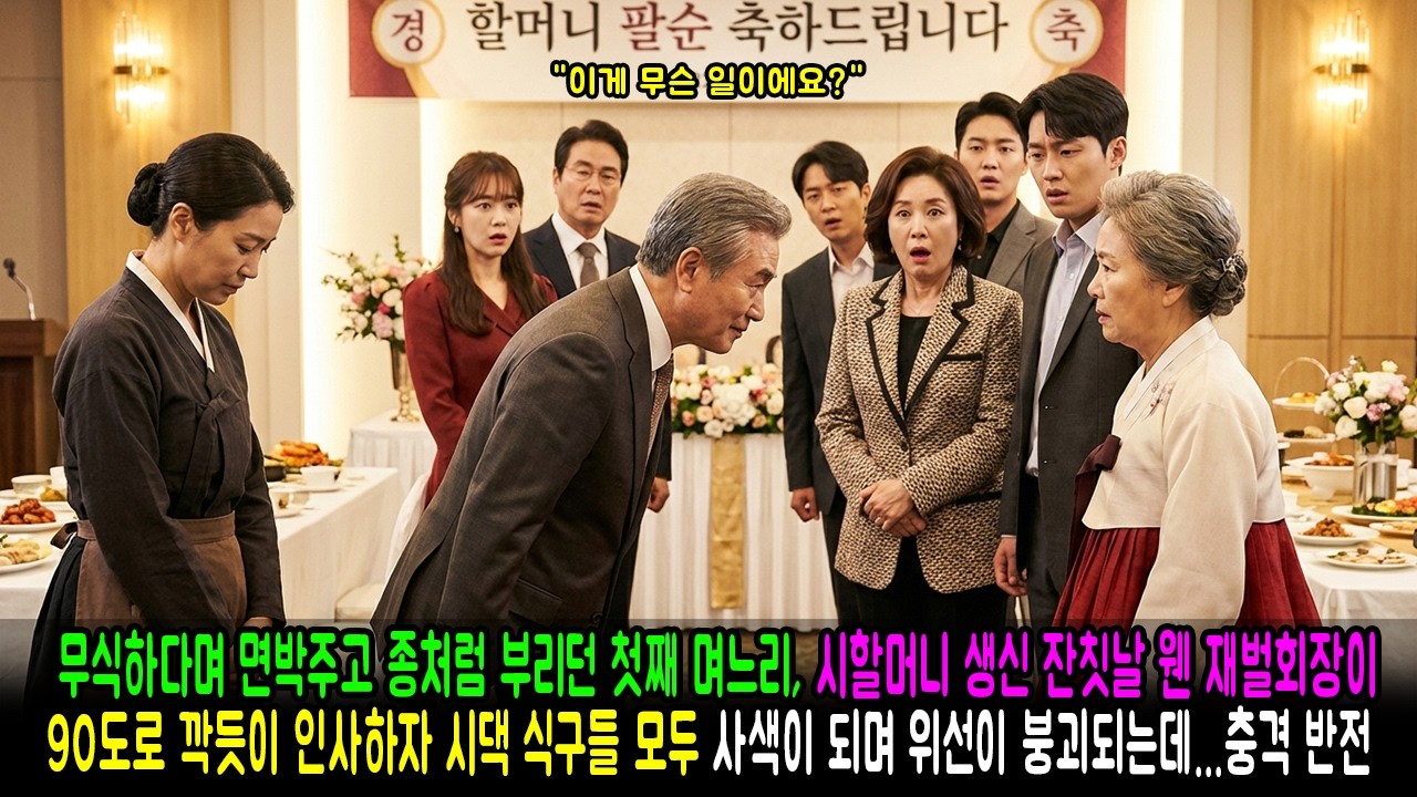 무식하다며 면박주고 종처럼 부리던 첫째 며느리, 시할머니 생신 잔칫날 웬 재벌회장이 90도로 깍듯이 인사하자 시댁 식구들 모두 사색이 되며 위선이 붕괴되는데...