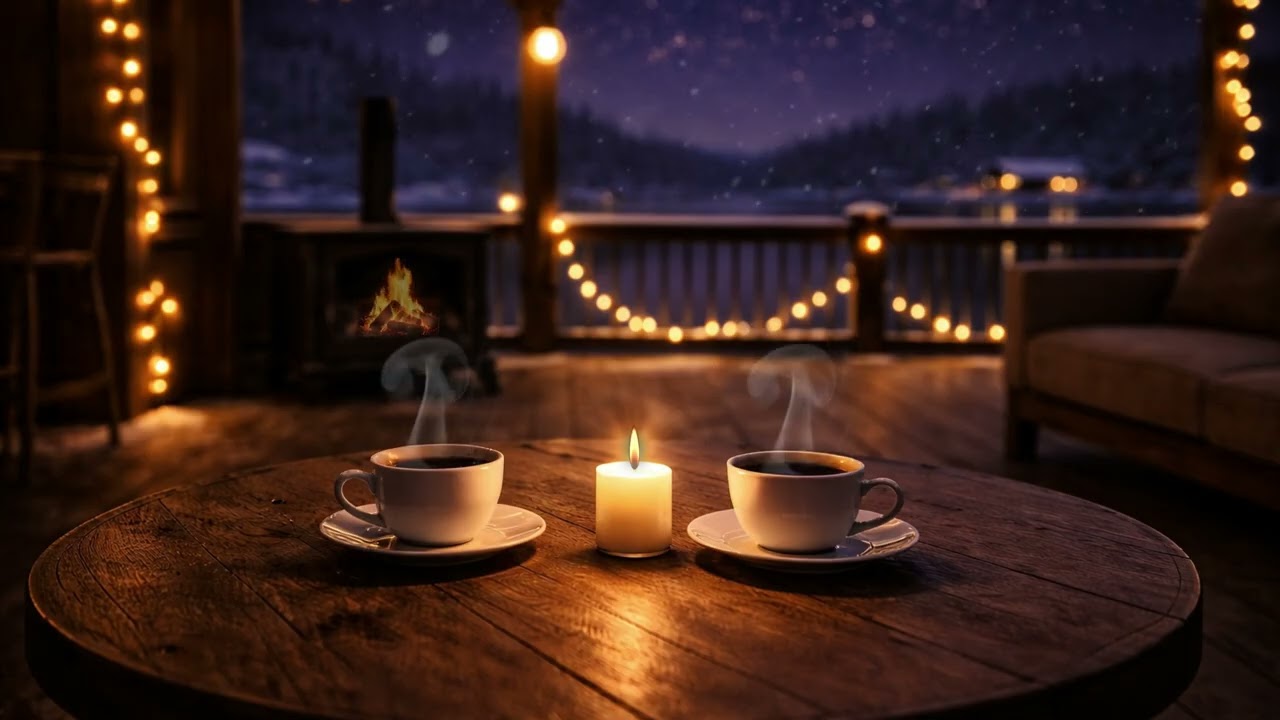 Quiet Winter Night Cabin ☕ Candlelit Coffee & Lakeside Stars Ambience for Deep Relaxation