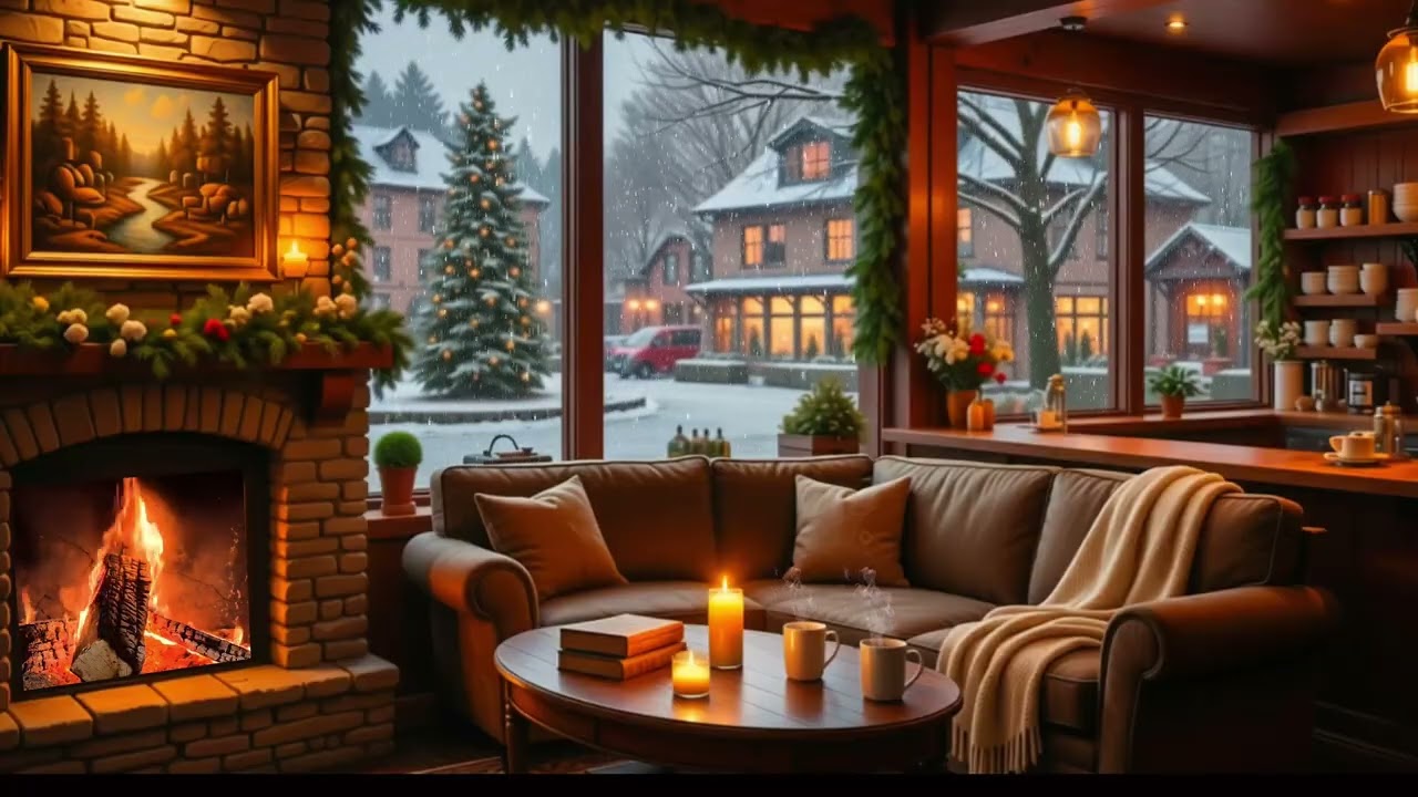 Dreamy Winter Cafe Ambience: Relaxing Fireplace Crackling Sounds for Insomnia, Soft Snow Falling