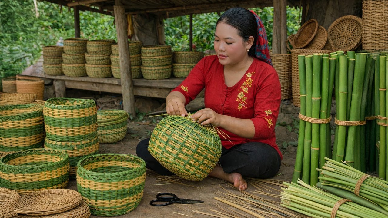 Handmade Bamboo Basket Weaving - Harvesting Chickens for Market Sale | Trieu Mai Huong
