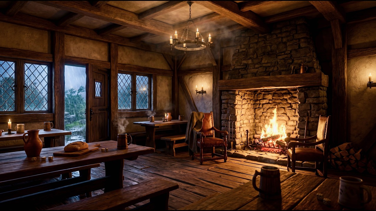 Cozy Medieval Tavern 🍺🔥 Storm Outside & Fireplace Ambience (Soft Music)