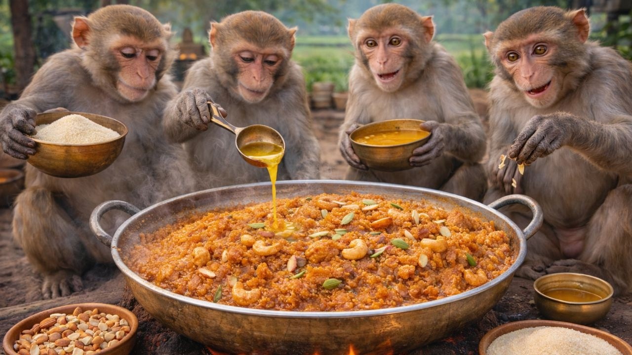 बंदरों ने मिलकर बनाया सूजी का हलवा 🐒🔥😋 Monkeys Made Sooji Halwa