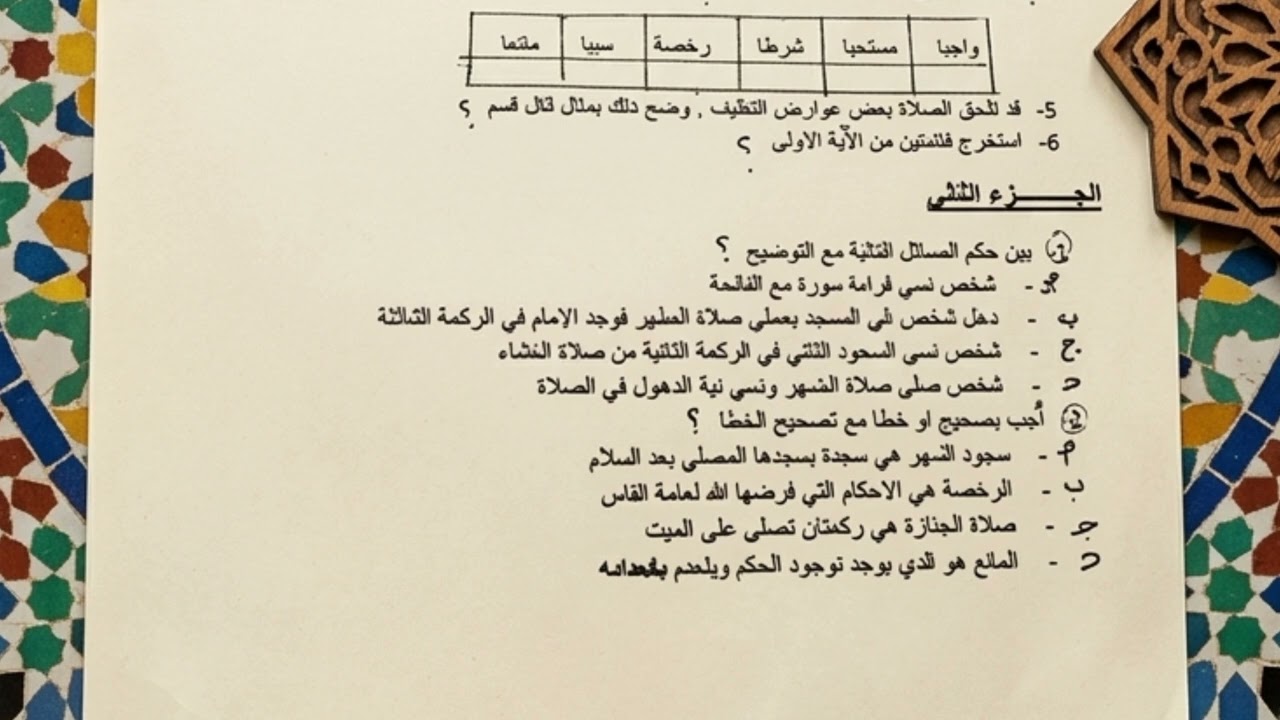 إختبارالفصل الثالث في مادة العلوم الإسلامية السنة الأولى ثانوي جذع مشترك آداب