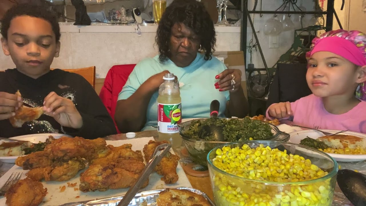 We’re eating collards corn fried chicken