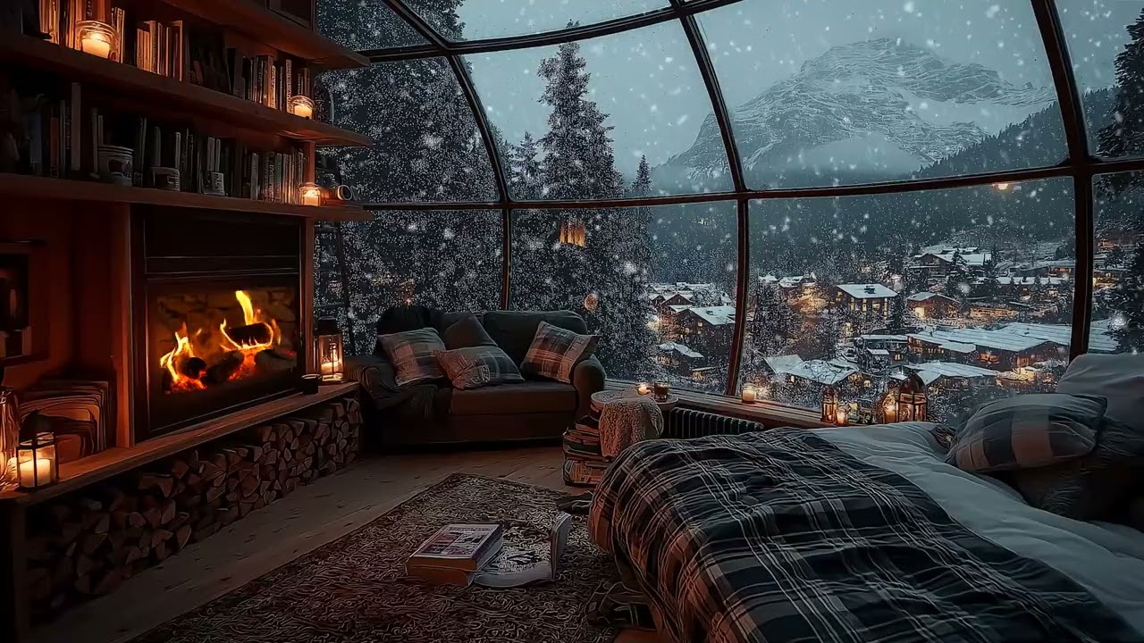 Cozy Snowy Cabin Fireplace ❄️ Warm Winter Ambience for Sleep & Relaxation