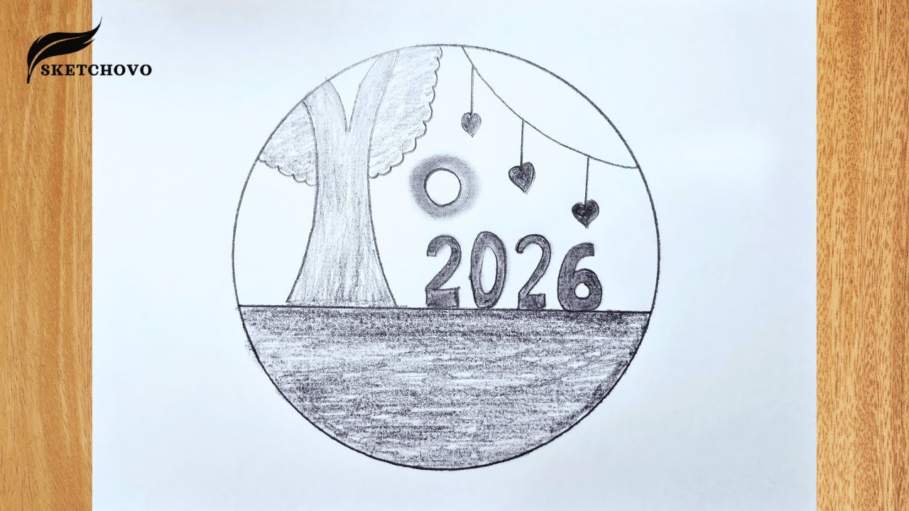 Easy Scenery Drawing in Circle  Pencil Drawing for Beginners | happy new year 2026