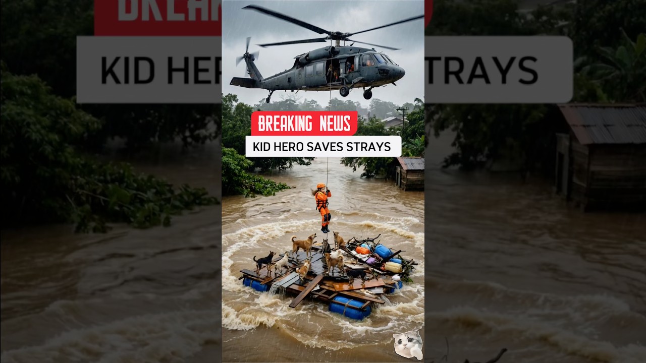 Kid hero saves strays 🚁🐾 #shorts #kidhero #animalrescue #floodrescue