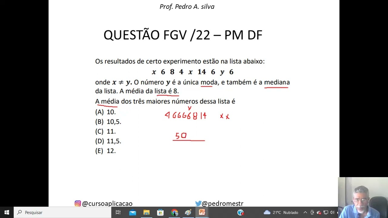 Questão sobre moda, média e mediana Estatística FGV PM DF #concursos #fgv