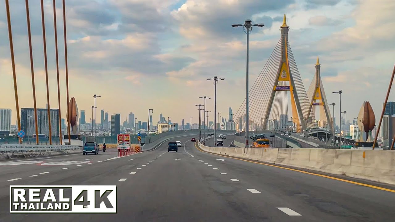【4K】Driving on The most beautiful bridge in Thailand (Bhumibol Bridge)