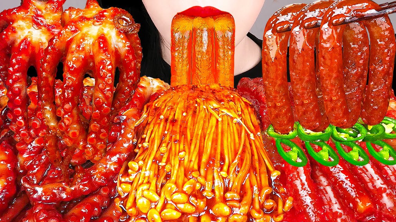 ASMR FIRE NOODLES 뉴진면, 불닭팽이버섯, 낙지 SPICY OCTOPUS ENOKI MUSHROOM COOKING&EATING SOUNDS SEAFOOD MUKBANG