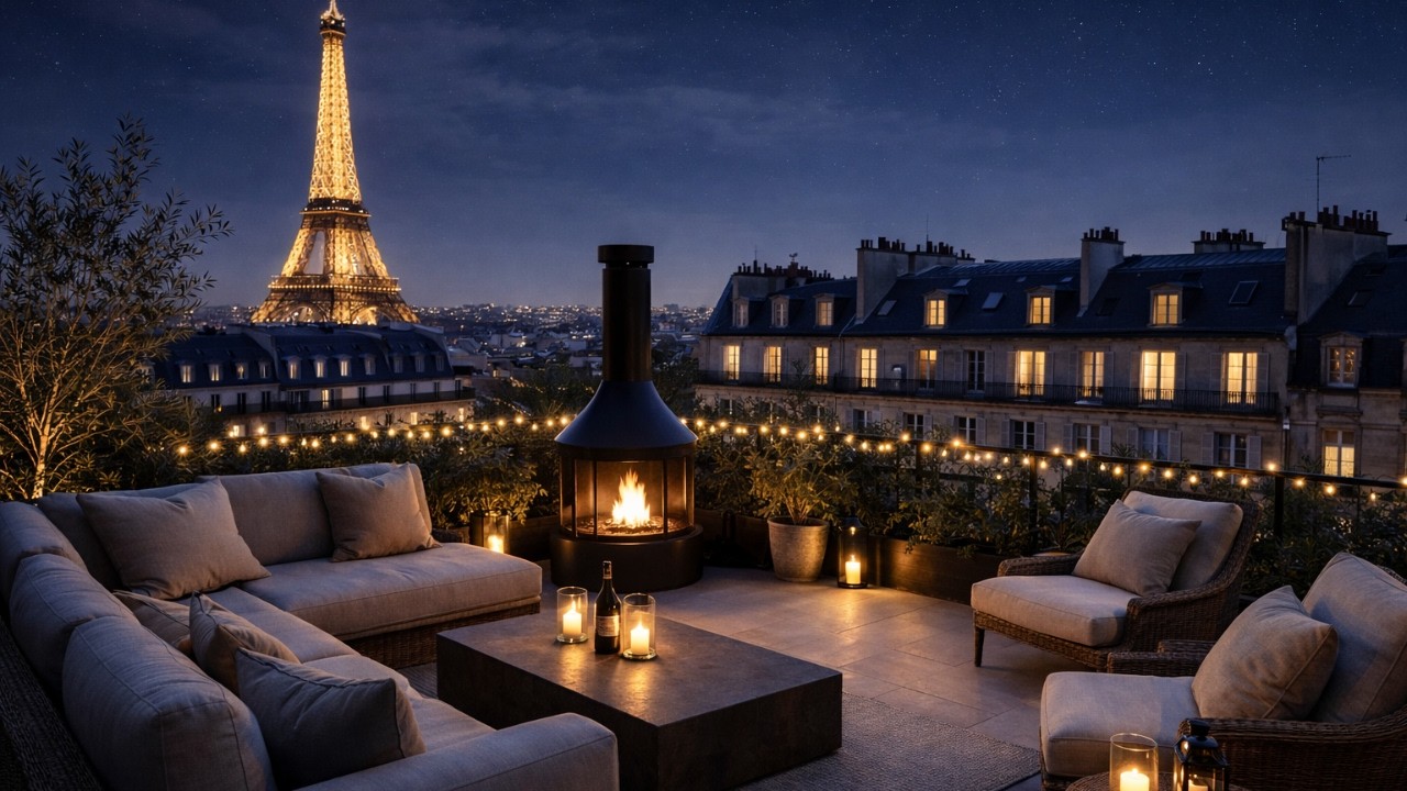 Paris Rooftop Night Ambience 🌙 Cozy Balcony Fire, Eiffel Tower View | Relaxing Fireplace Sounds