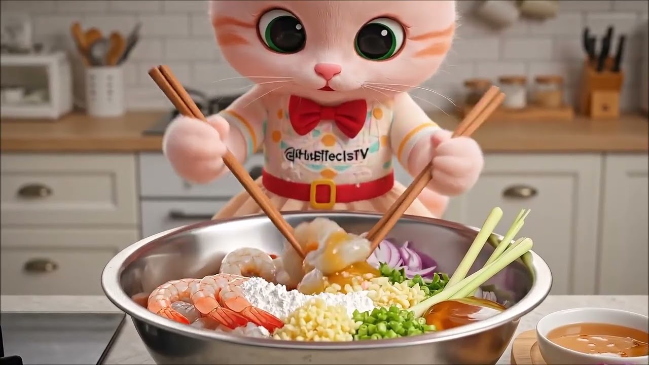Kitten Cooks Crispy Fried Shrimp | Cute Kitten Cooking Short Video | Warm Friendship Story