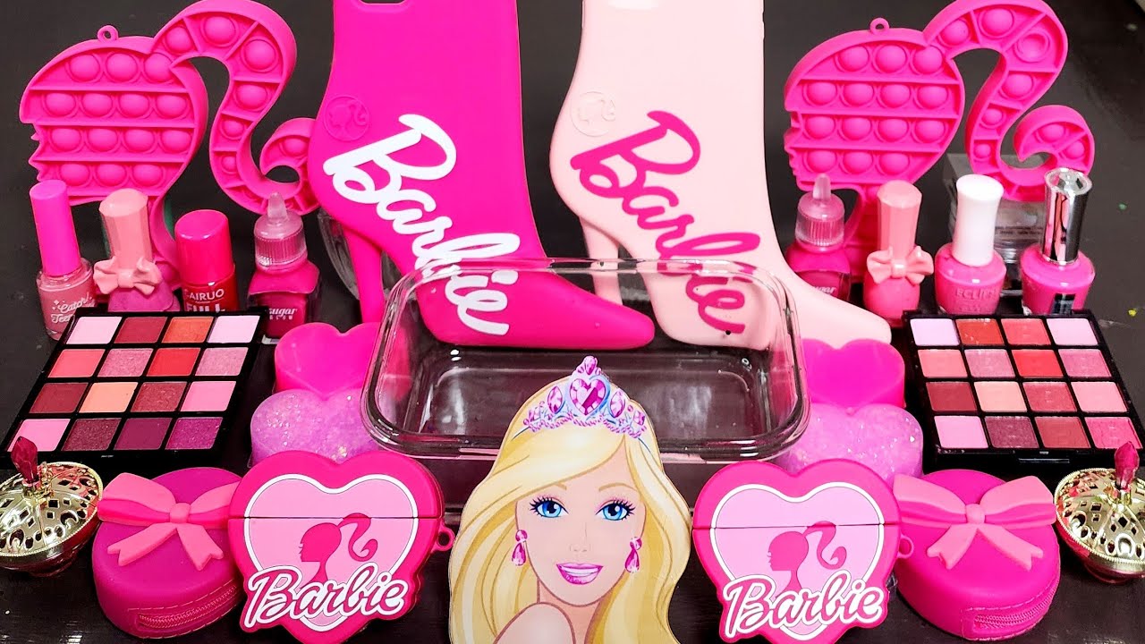 ASMR Barbie Pink Slime Mixing Makeup,Parts,Glitter Into Slime.Satisfying slime ASMR#satisfying#slime