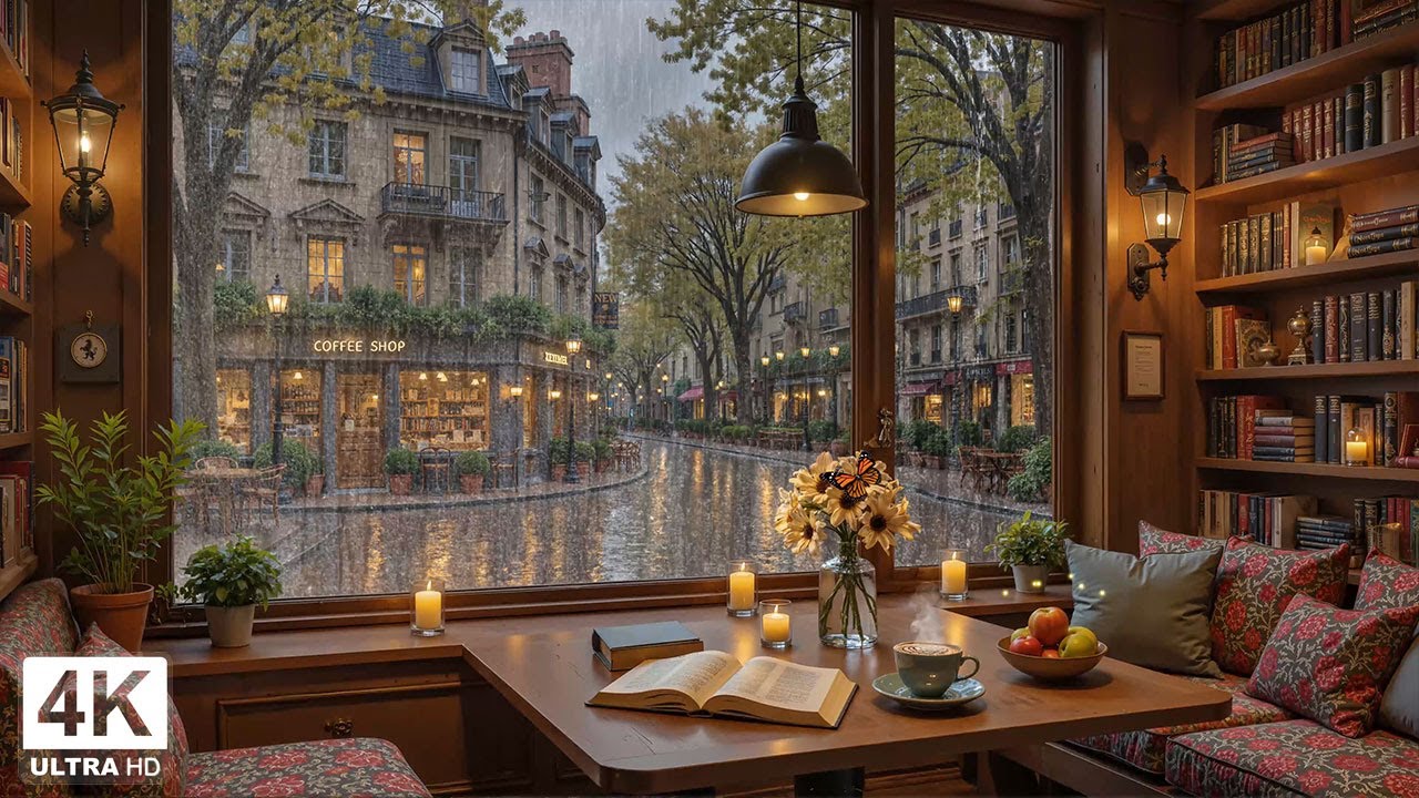 Rainy Spring Morning in a Parisian Café ☕ Smooth Jazz Piano with Rain Sound for Reading & Relaxation