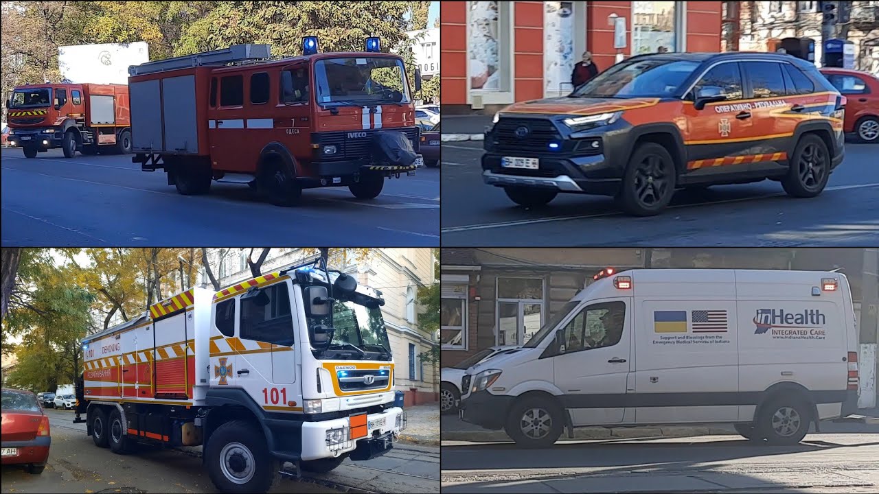 Ukrainian fire & rescue vehicles rushing code 3 to missile strike scene (11 units)