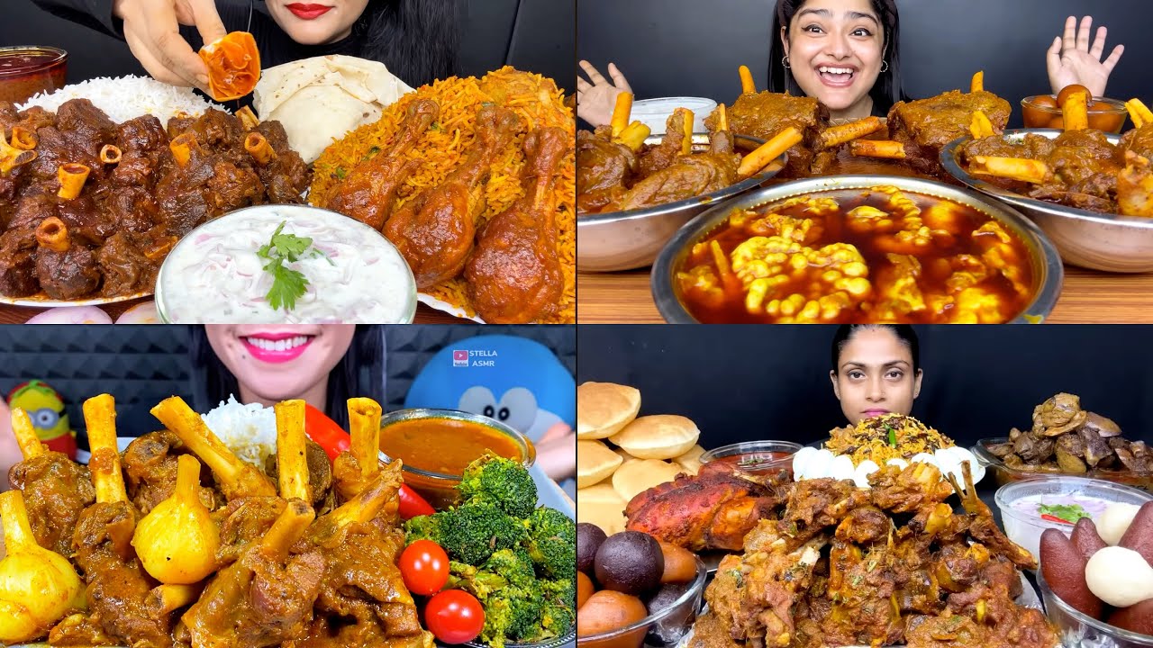 Asmr:Eating Spicy Mutton Nalli Curry With Chicken Biryani,Mutton Buryani,Rice,Chicken Curry,Puri🔥